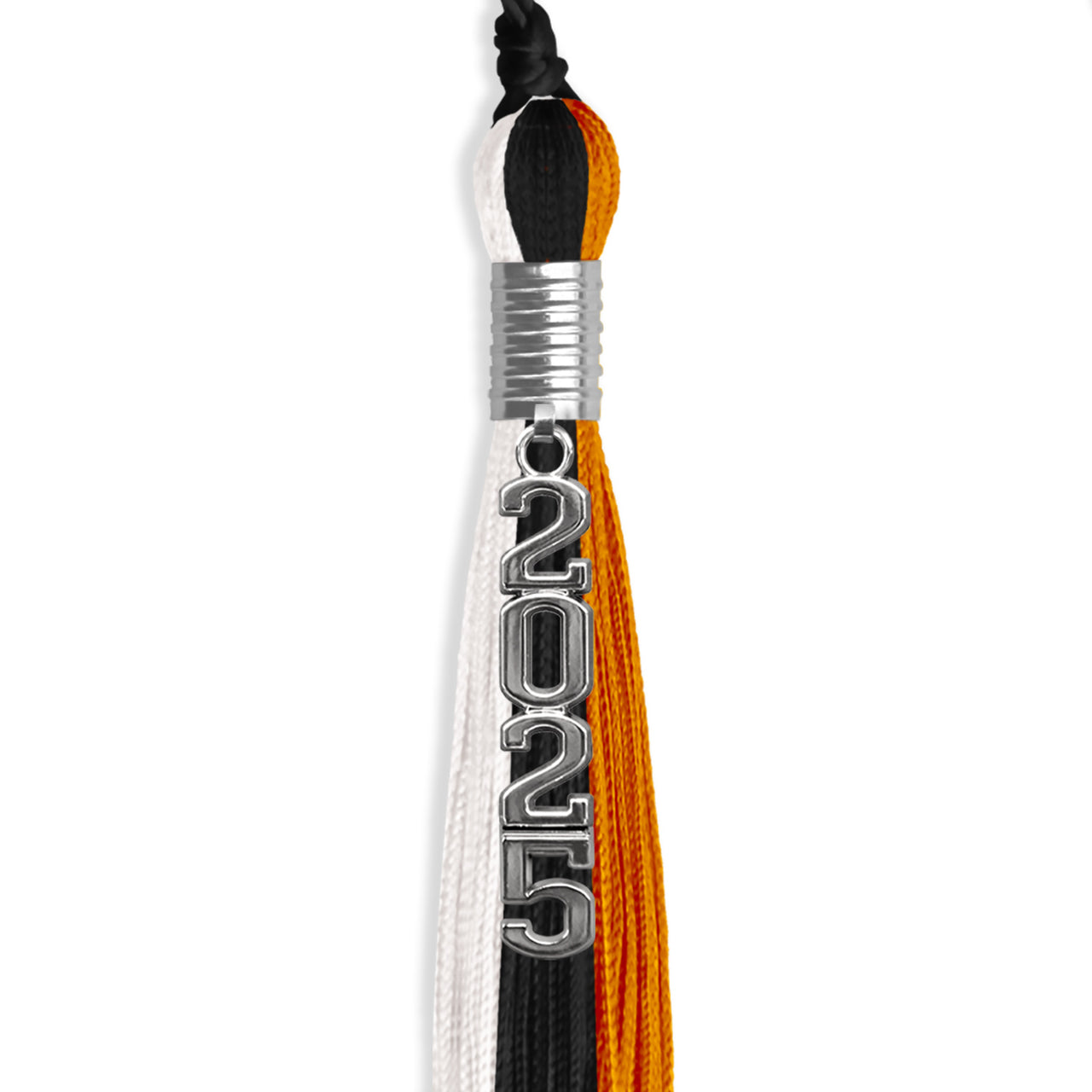 Black/Orange/White Graduation Tassel with Silver Stacked Date Drop