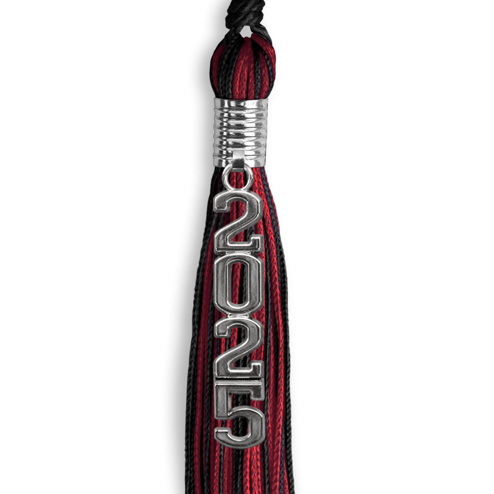 Black/Cardinal Mixed Color Graduation Tassel with Stacked Silver Date Drop