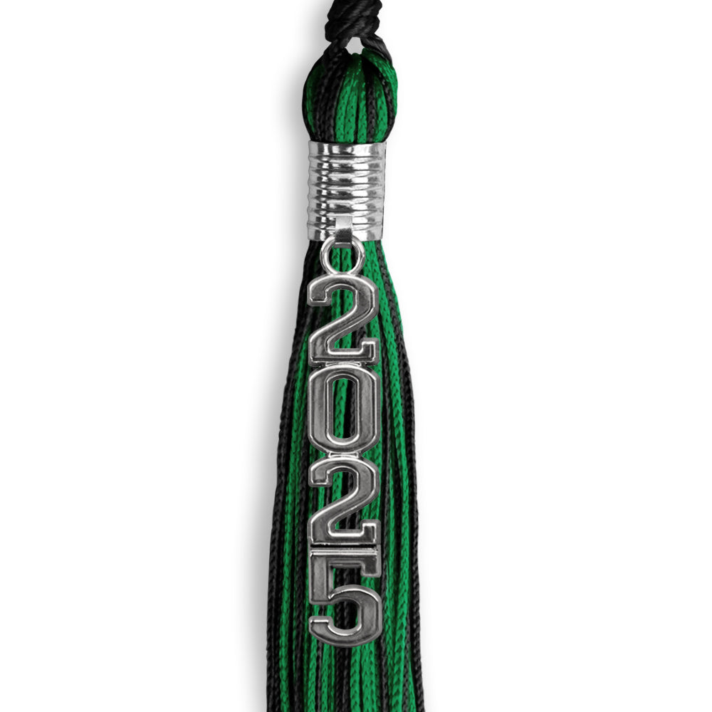 Black/Green Mixed Color Graduation Tassel with Stacked Silver Date Drop