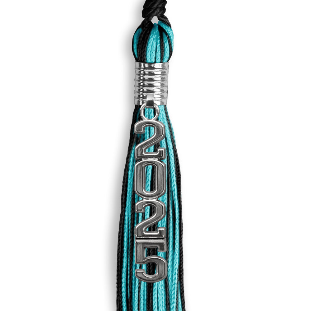 Black/Peacock Mixed Color Graduation Tassel with Stacked Silver Date Drop