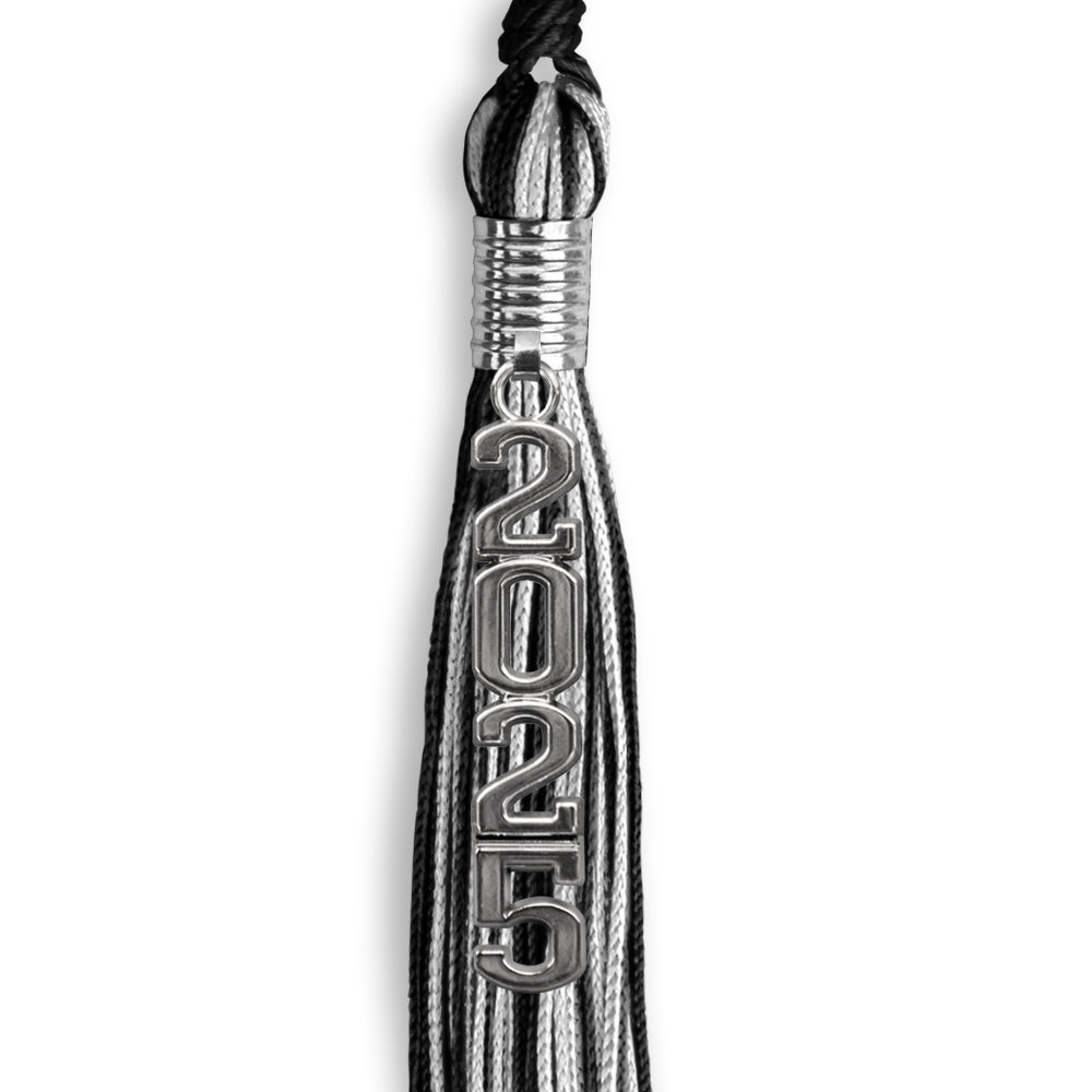 Black/Silver Mixed Color Graduation Tassel with Stacked Silver Date Drop