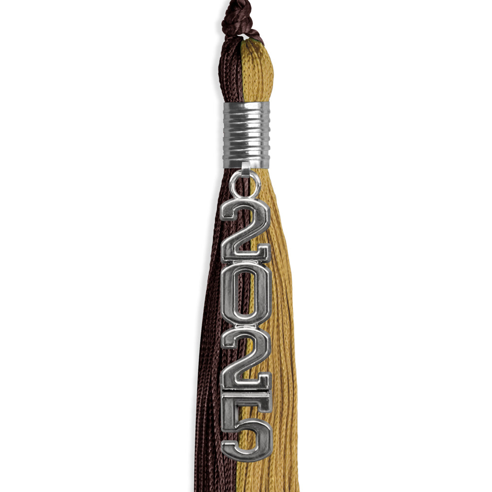 Brown/Antique Gold Graduation Tassel with Silver Stacked Date Drop