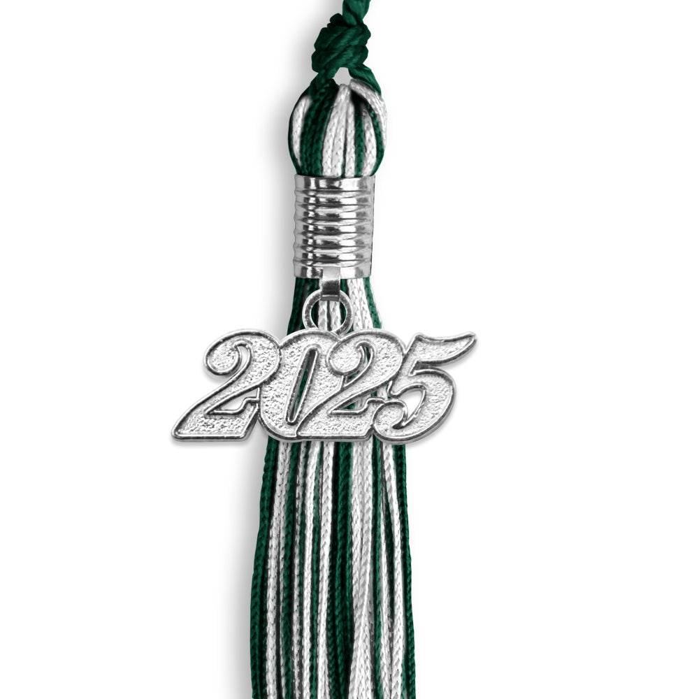 Hunter Green/White Mixed Color Graduation Tassel with Silver Date Drop