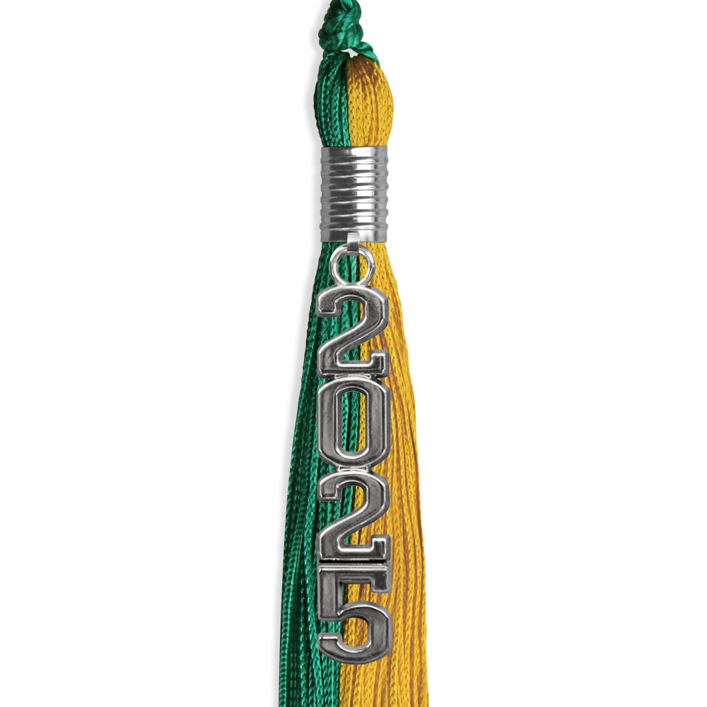 Emerald Green/Bright Gold Graduation Tassel with Silver Stacked Date Drop