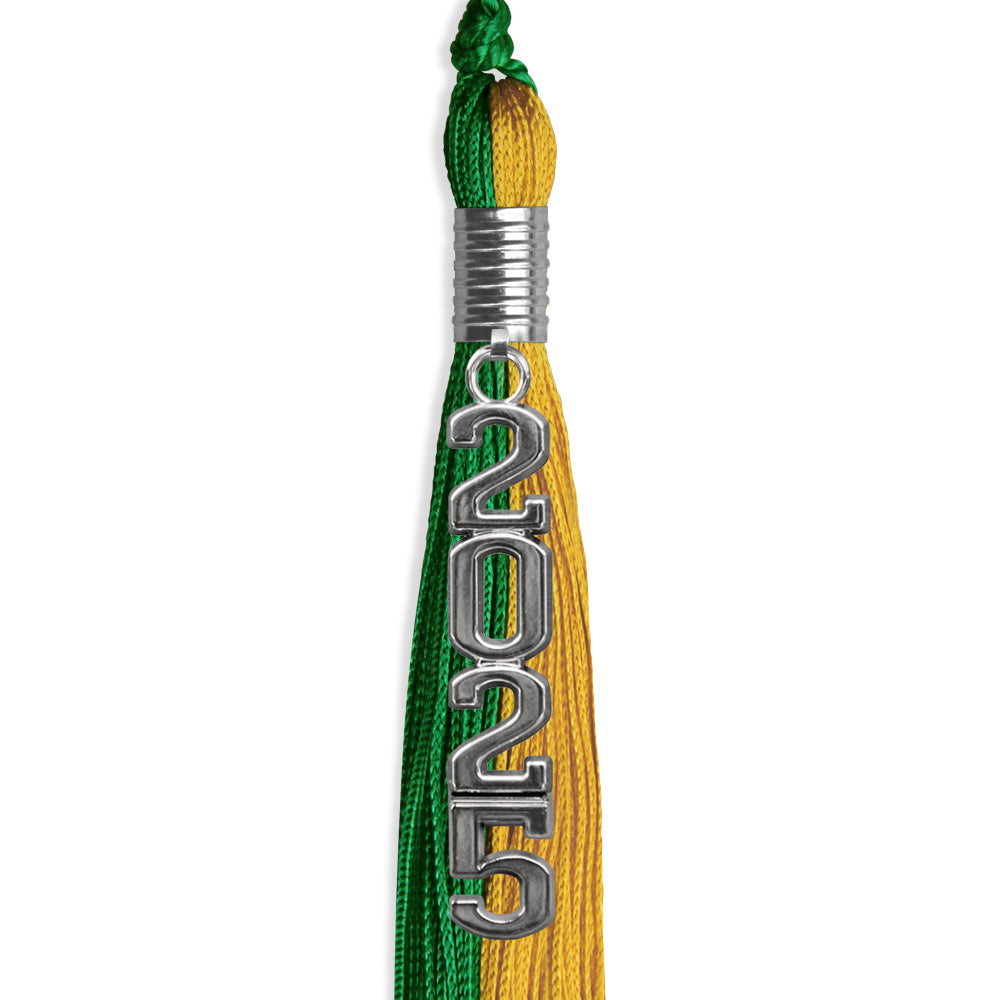 Green/Bright Gold Graduation Tassel with Silver Stacked Date Drop