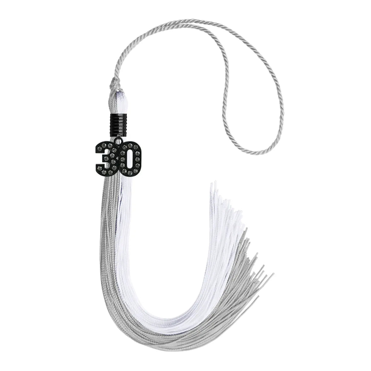 Grey/White Graduation Tassel with Black Bling Charm by Endea Graduation