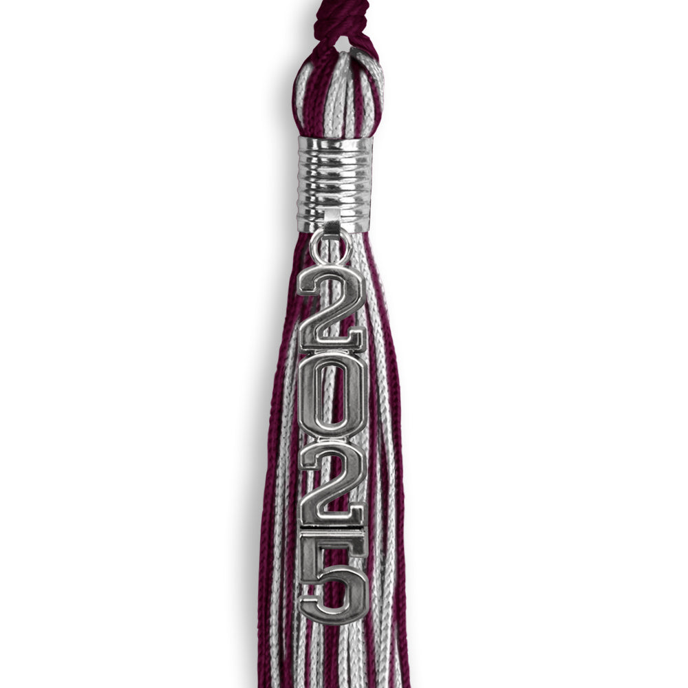 Maroon/Silver Mixed Color Graduation Tassel with Stacked Silver Date Drop