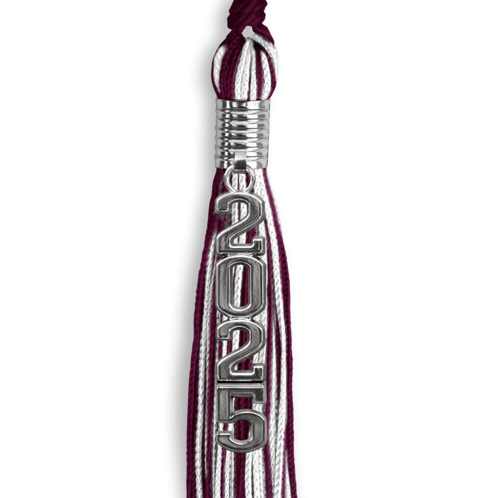 Maroon/White Mixed Color Graduation Tassel with Stacked Silver Date Drop