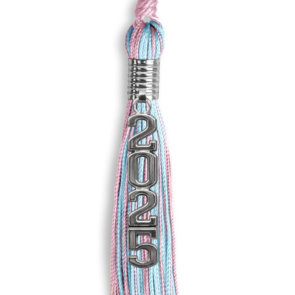Pink/Light Blue Mixed Color Graduation Tassel with Stacked Silver Date Drop