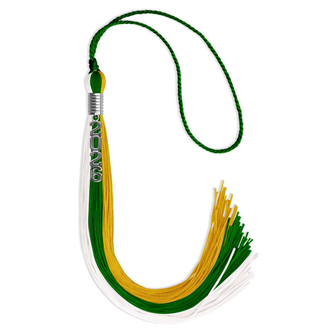 Green/Gold/White Graduation Tassel with Silver Stacked Date Drop