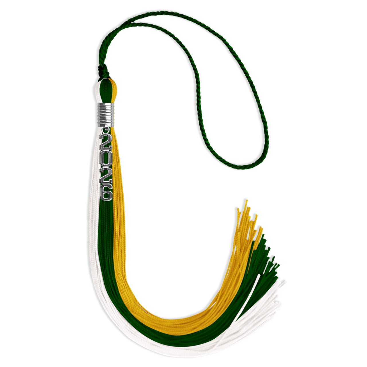 Hunter Green/Gold/White Graduation Tassel with Silver Stacked Date Drop