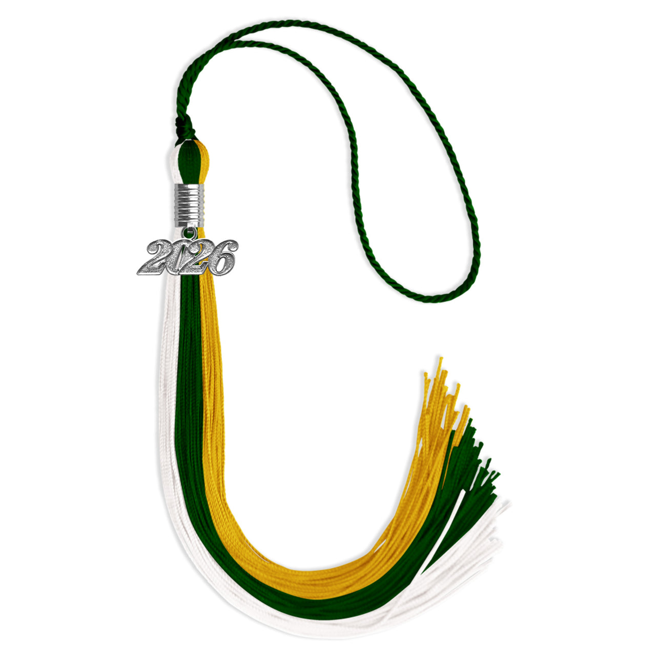 Hunter Green/Gold/White Graduation Tassel with Silver Date Drop