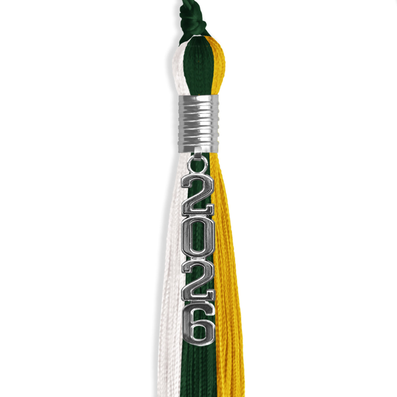 Hunter Green/Gold/White Graduation Tassel with Silver Stacked Date Drop