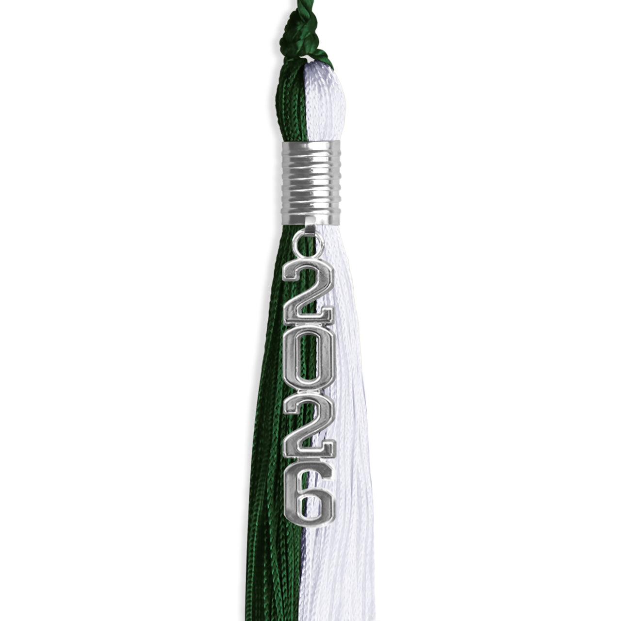 Hunter Green/White Graduation Tassel with Silver Stacked Date Drop