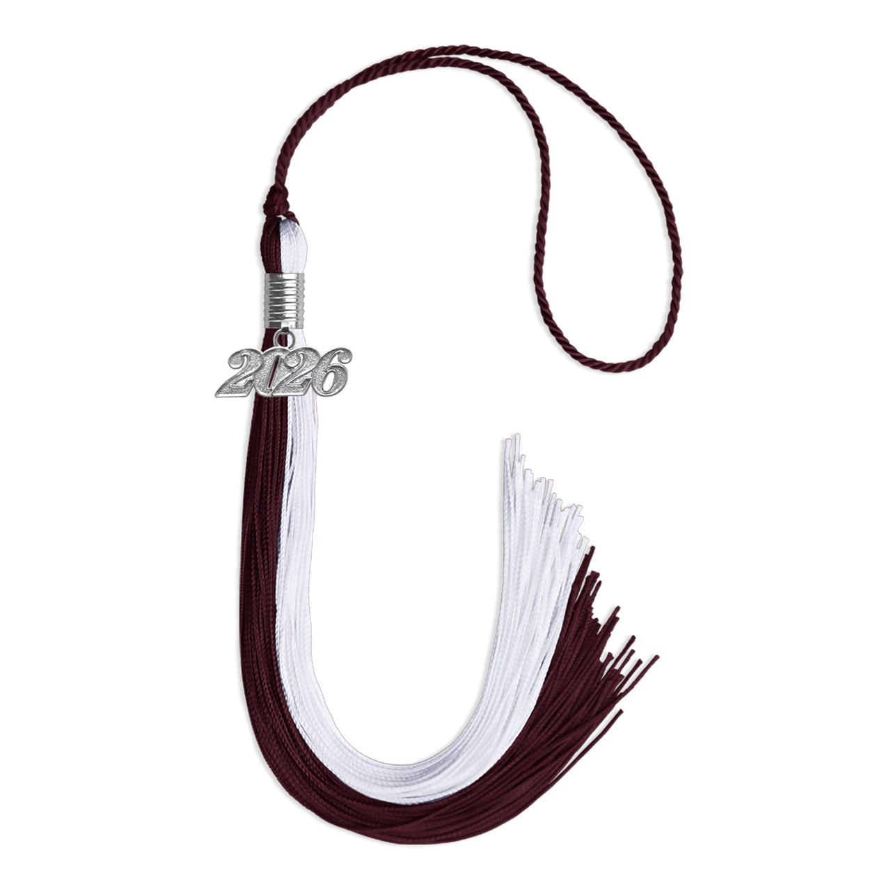 Maroon/White Graduation Tassel with Silver Date Drop