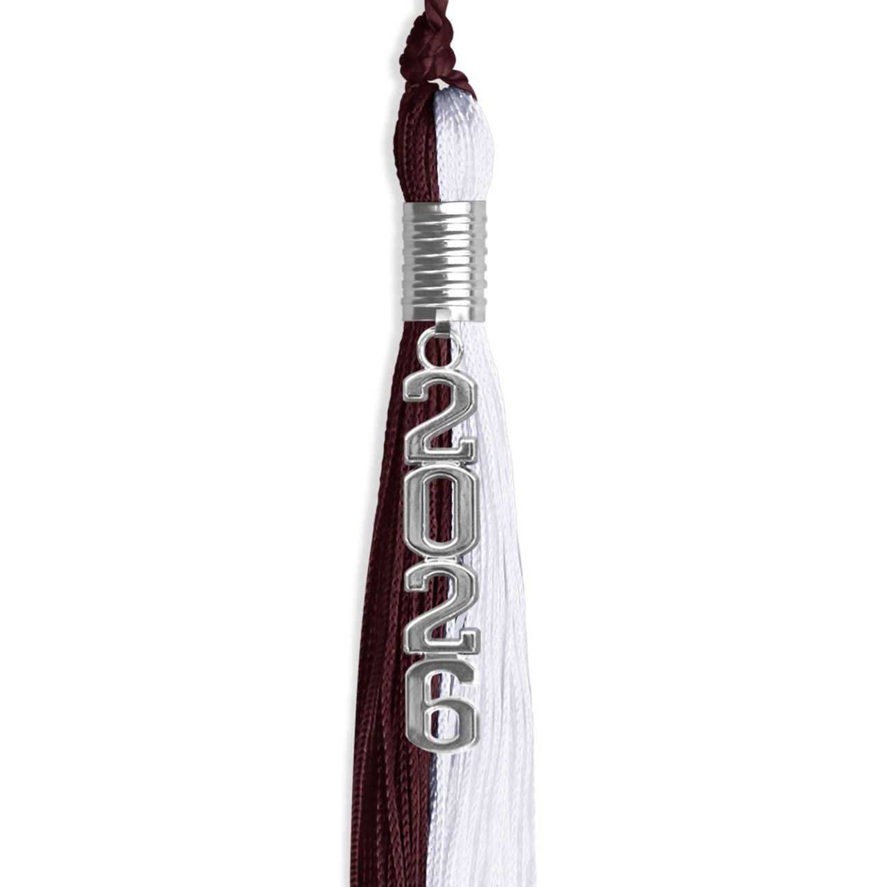 Maroon/White Graduation Tassel with Silver Stacked Date Drop