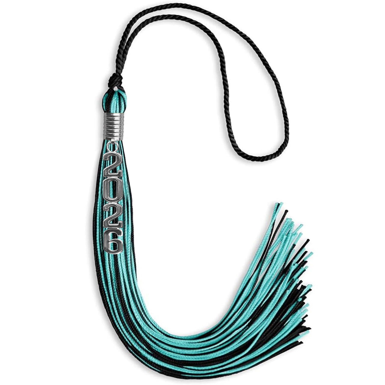 Black/Peacock Mixed Color Graduation Tassel with Stacked Silver Date Drop