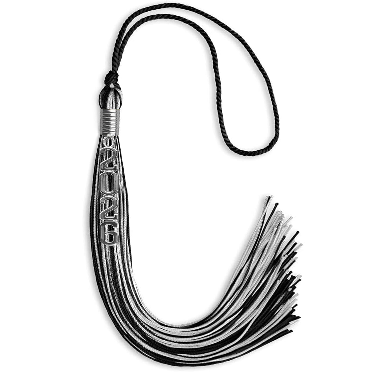 Black/Silver Mixed Color Graduation Tassel with Stacked Silver Date Drop