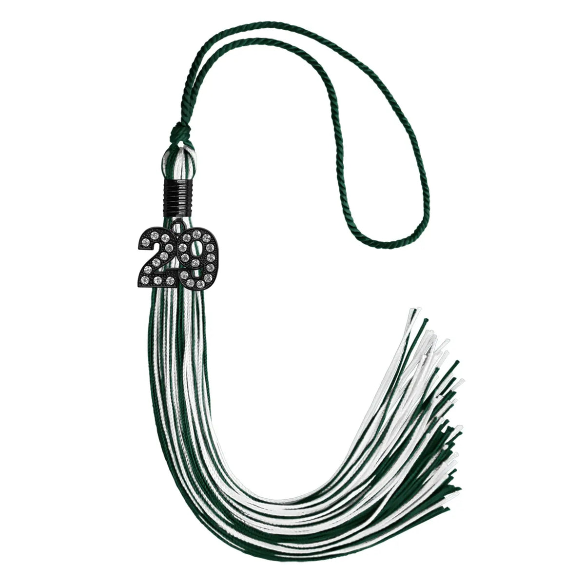 Hunter Green/White Mixed Color Graduation Tassel with Black Bling Charm by Endea Graduation