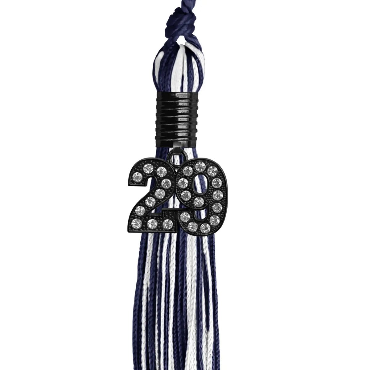Navy Blue/White Mixed Color Graduation Tassel with Black Bling Charm by Endea Graduation