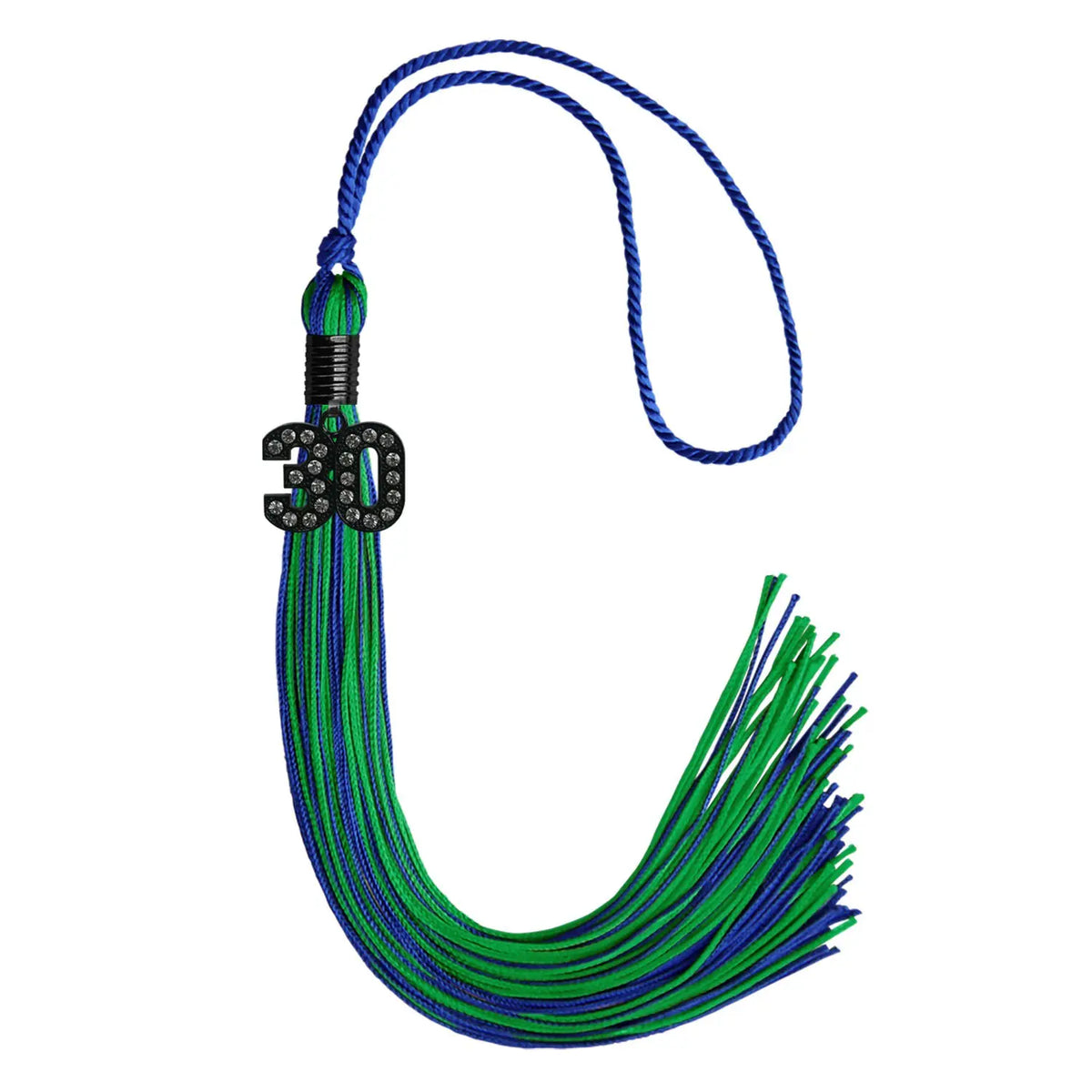 Royal Blue/Green Mixed Color Graduation Tassel with Black Bling Charm by Endea Graduation