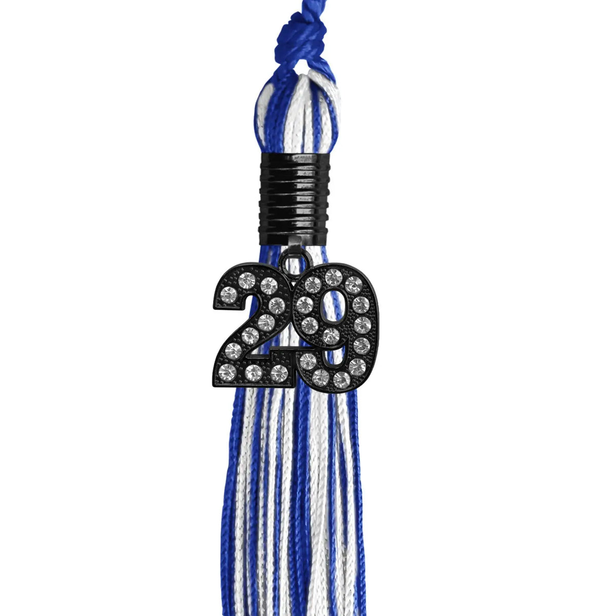 Royal Blue/White Mixed Color Graduation Tassel with Black Bling Charm by Endea Graduation