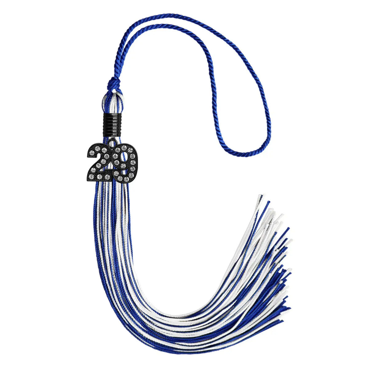 Royal Blue/White Mixed Color Graduation Tassel with Black Bling Charm by Endea Graduation