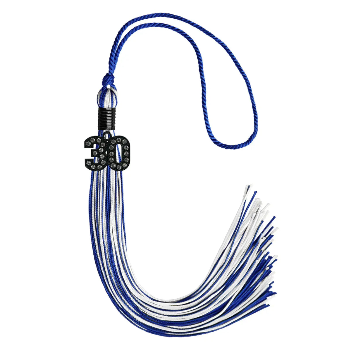 Royal Blue/White Mixed Color Graduation Tassel with Black Bling Charm by Endea Graduation