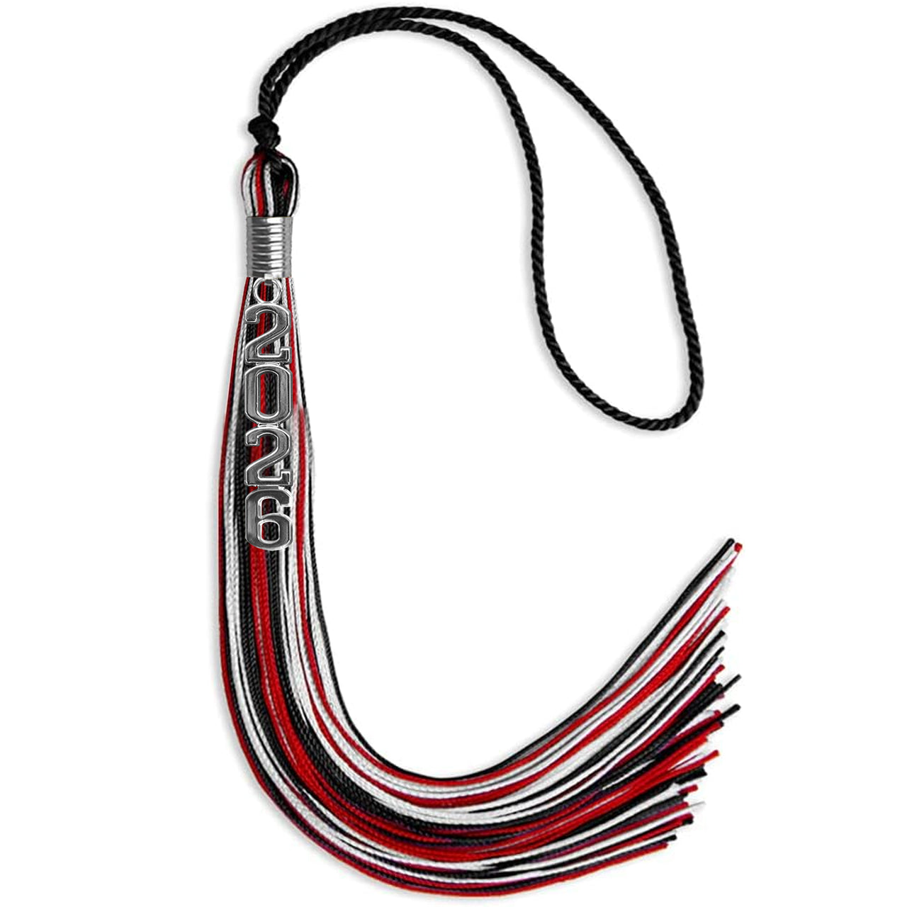 Black/Red/Silver Mixed Color Graduation Tassel with Silver Stacked Date Drop