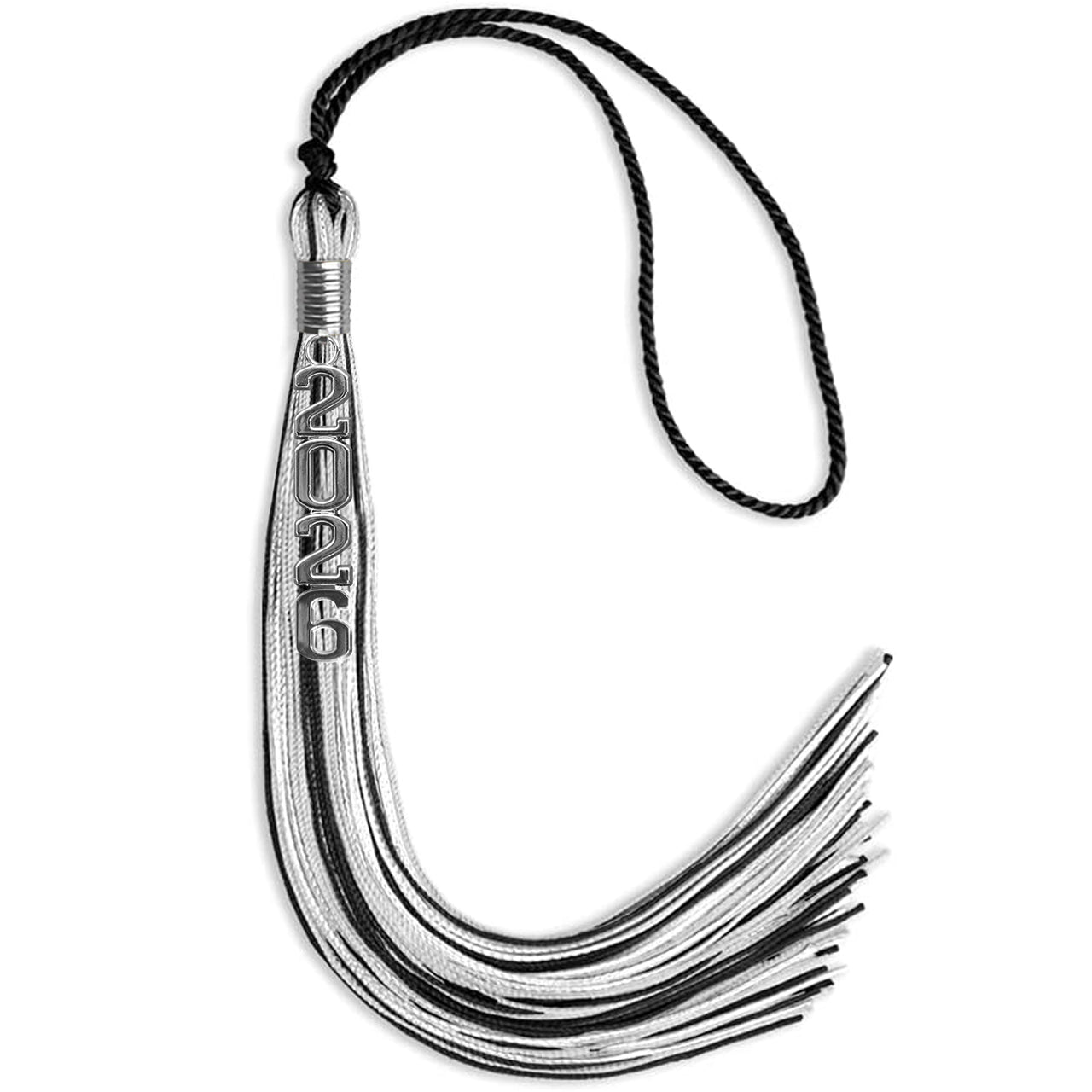 Black/Silver/White Mixed Color Graduation Tassel with Silver Stacked Date Drop