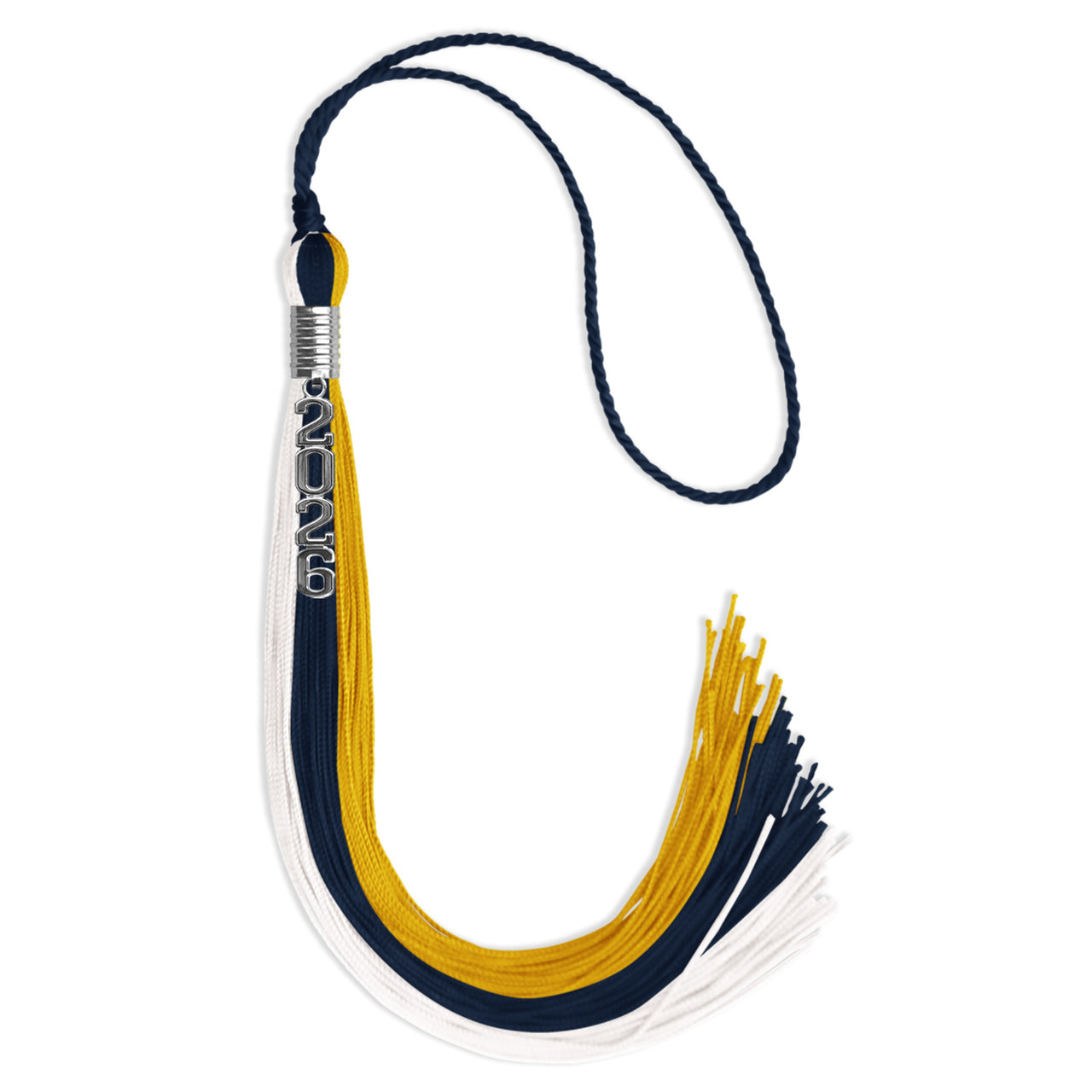 Navy Blue/Gold/White Graduation Tassel with Silver Stacked Date Drop