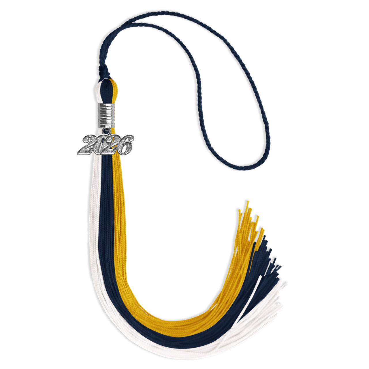 Dark Navy Blue/Gold/White Graduation Tassel with Silver Date Drop