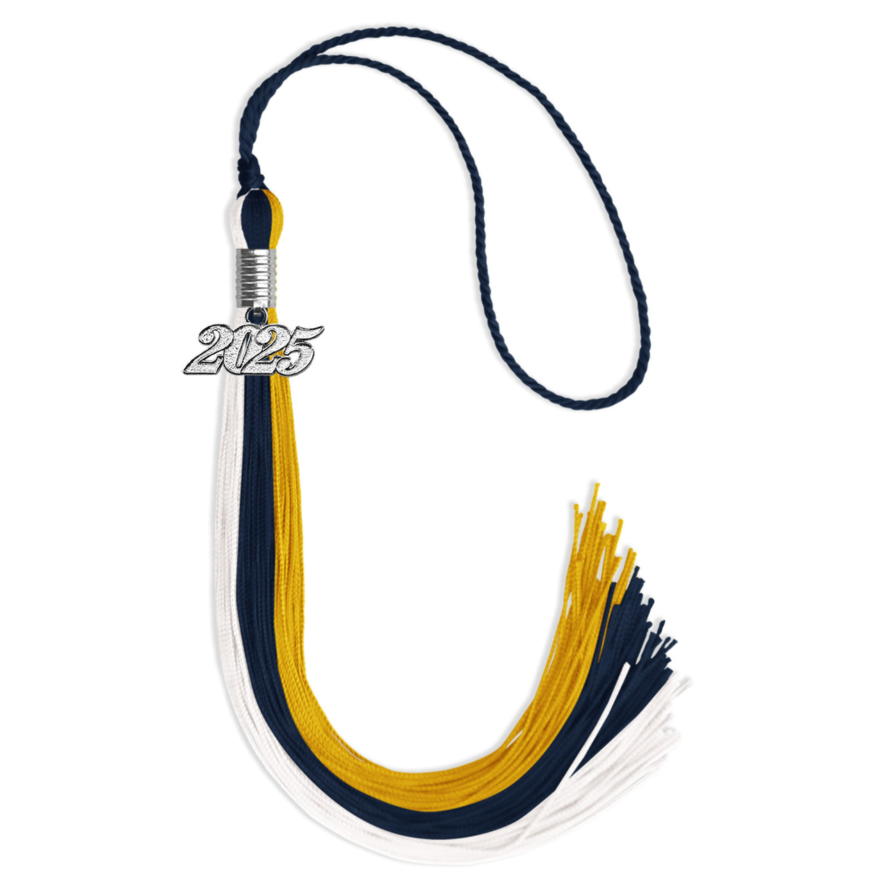 Dark Navy Blue/Gold/White Graduation Tassel with Silver Date Drop