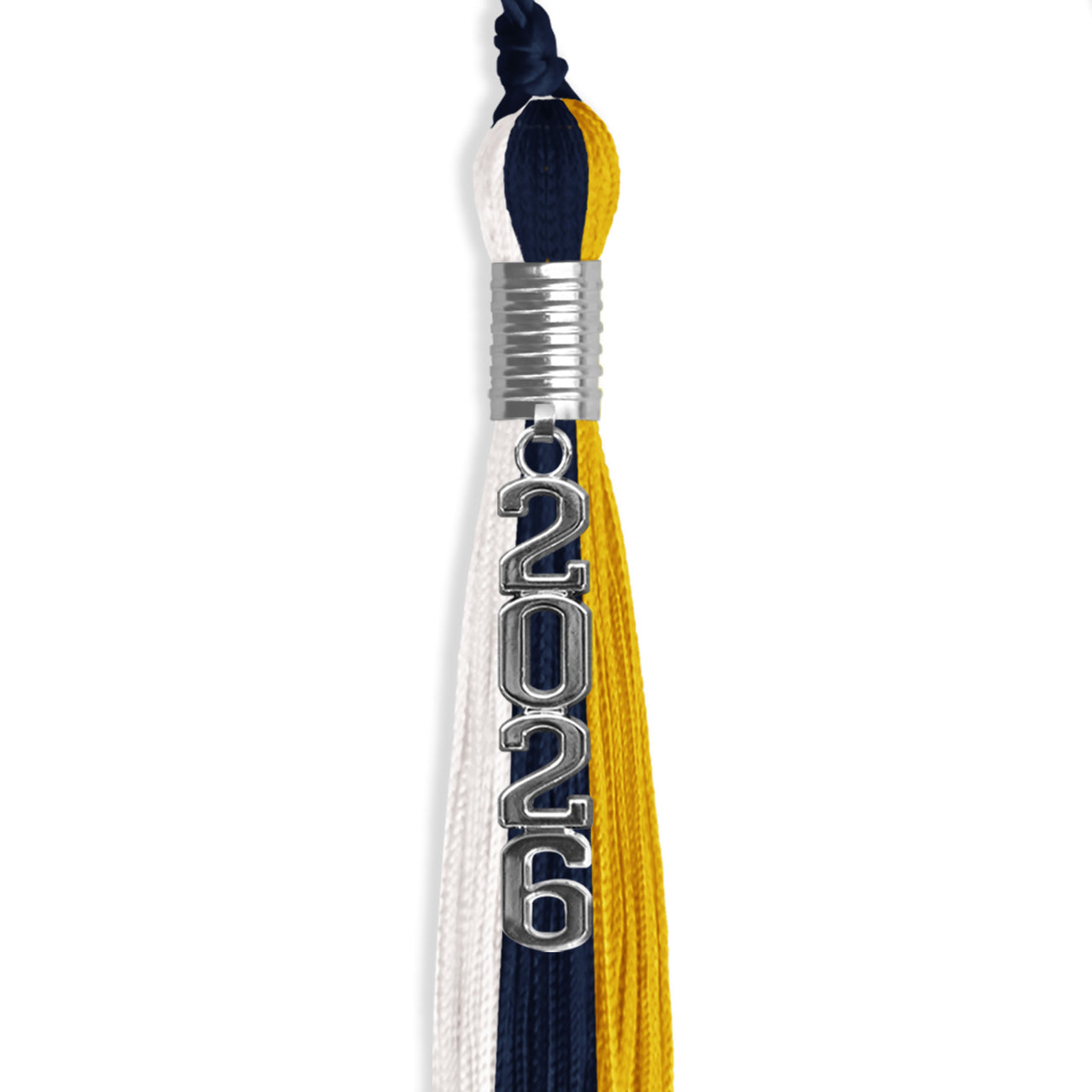 Navy Blue/Gold/White Graduation Tassel with Silver Stacked Date Drop