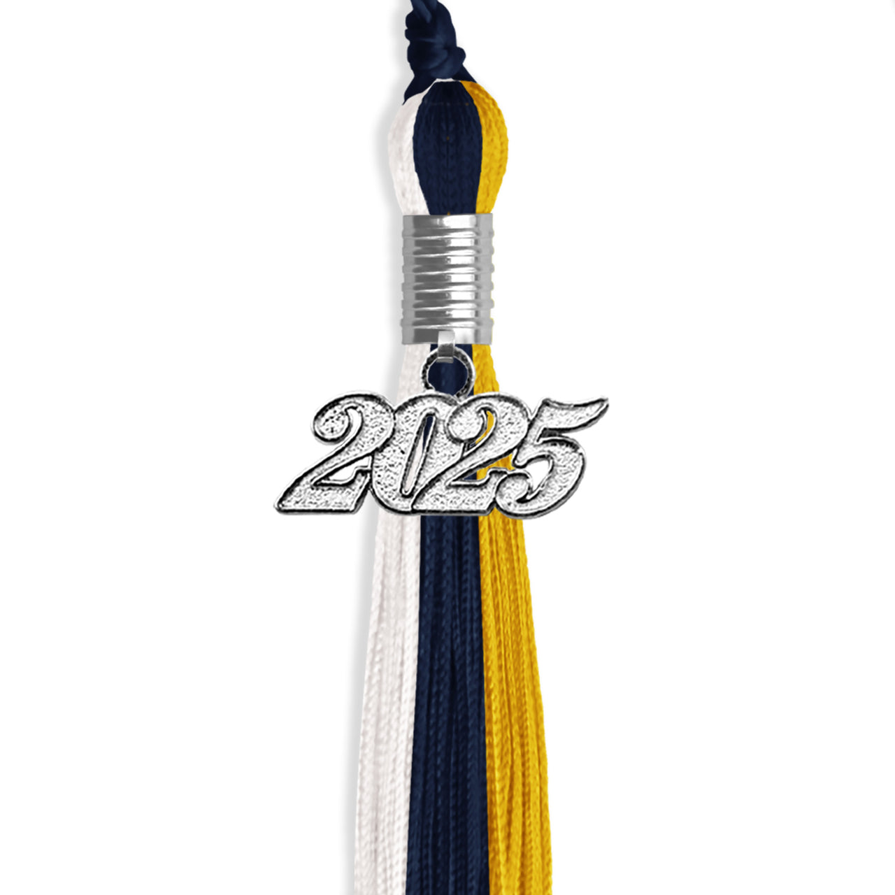 Dark Navy Blue/Gold/White Graduation Tassel with Silver Date Drop