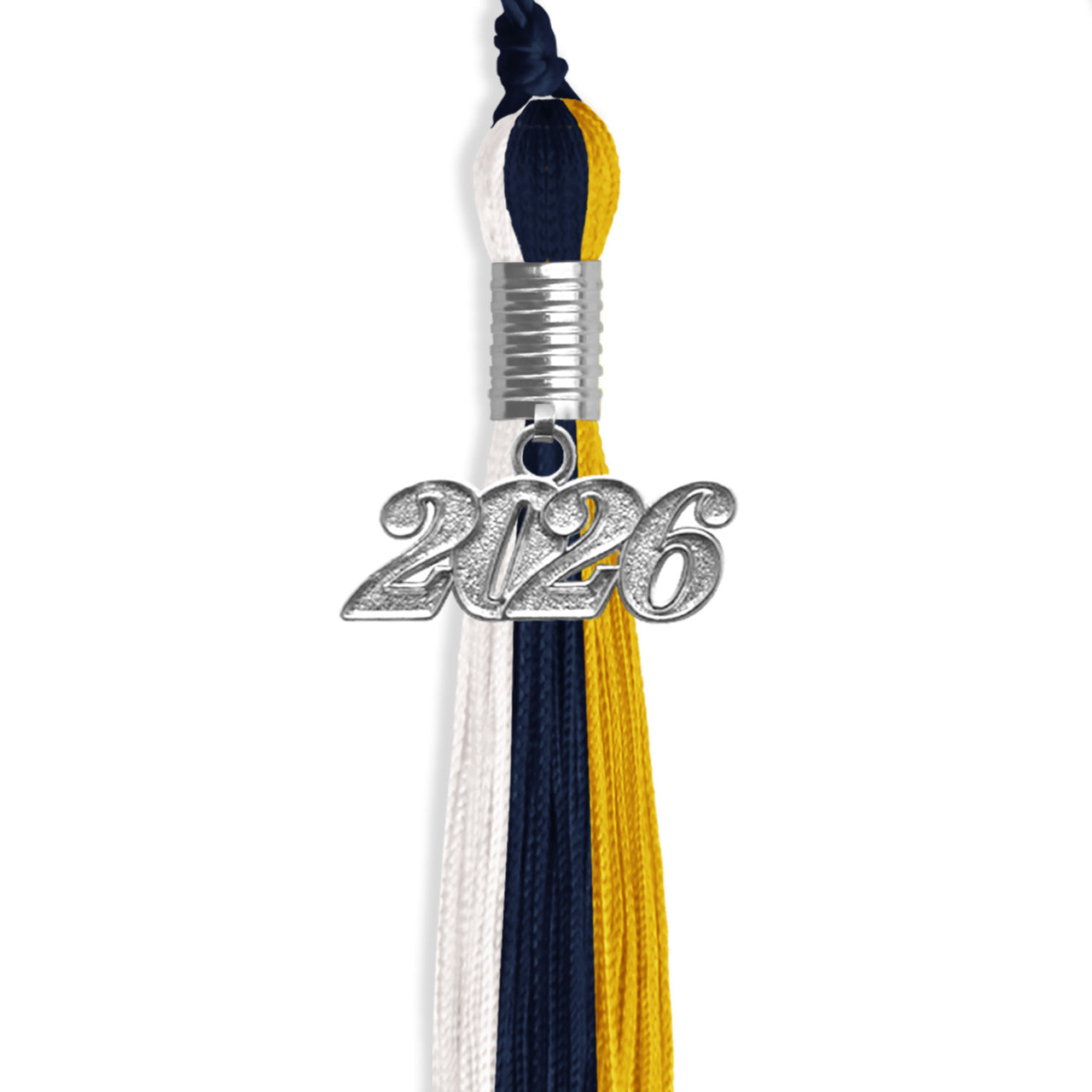 Dark Navy Blue/Gold/White Graduation Tassel with Silver Date Drop