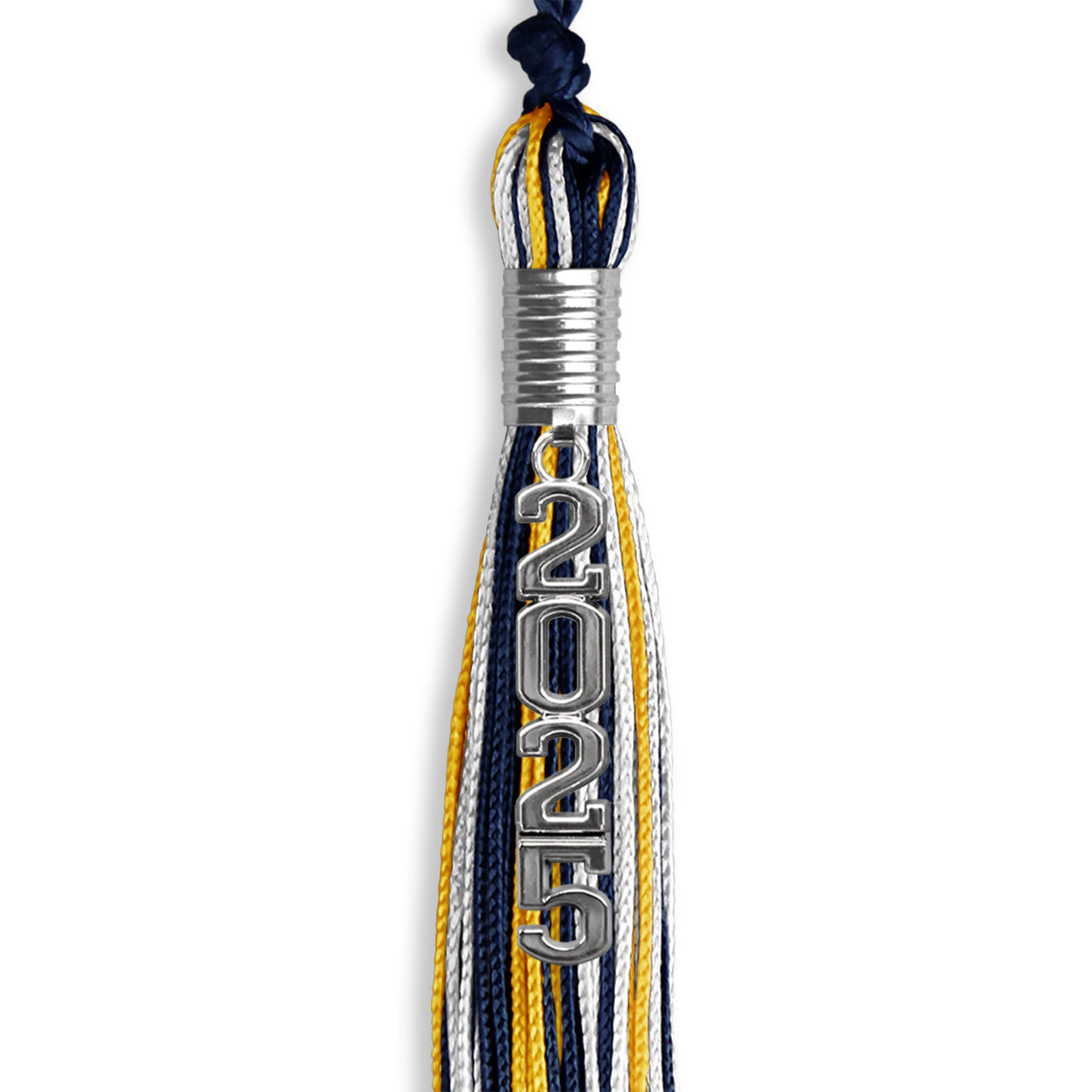 Navy Blue/Gold/White Mixed Color Graduation Tassel with Silver Stacked Date Drop