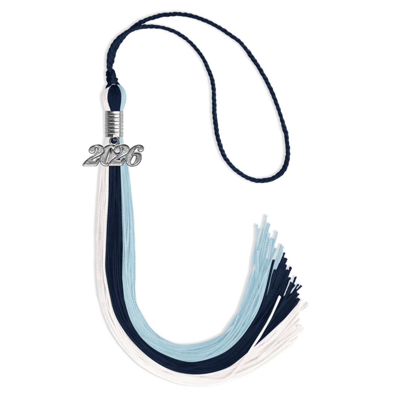 Dark Navy Blue/Light Blue/White Graduation Tassel with Silver Date Drop