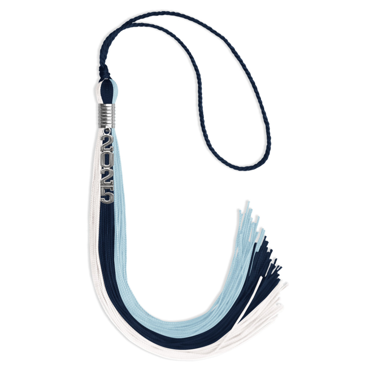Navy Blue/Light Blue/White Graduation Tassel with Silver Stacked Date Drop
