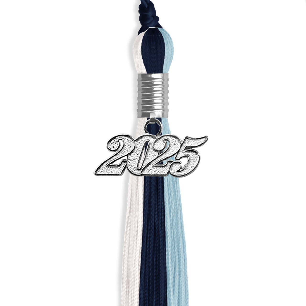 Dark Navy Blue/Light Blue/White Graduation Tassel with Silver Date Drop