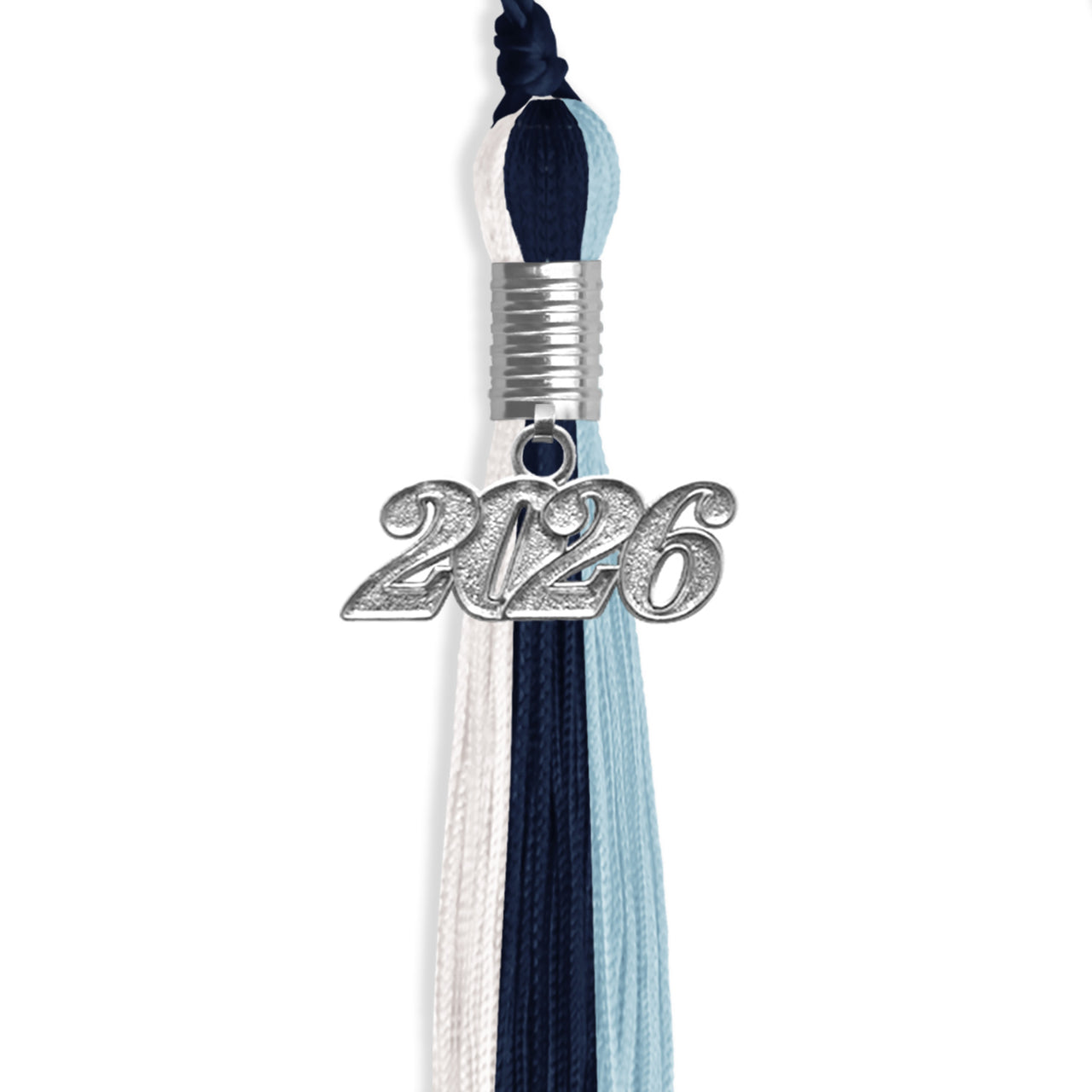 Dark Navy Blue/Light Blue/White Graduation Tassel with Silver Date Drop