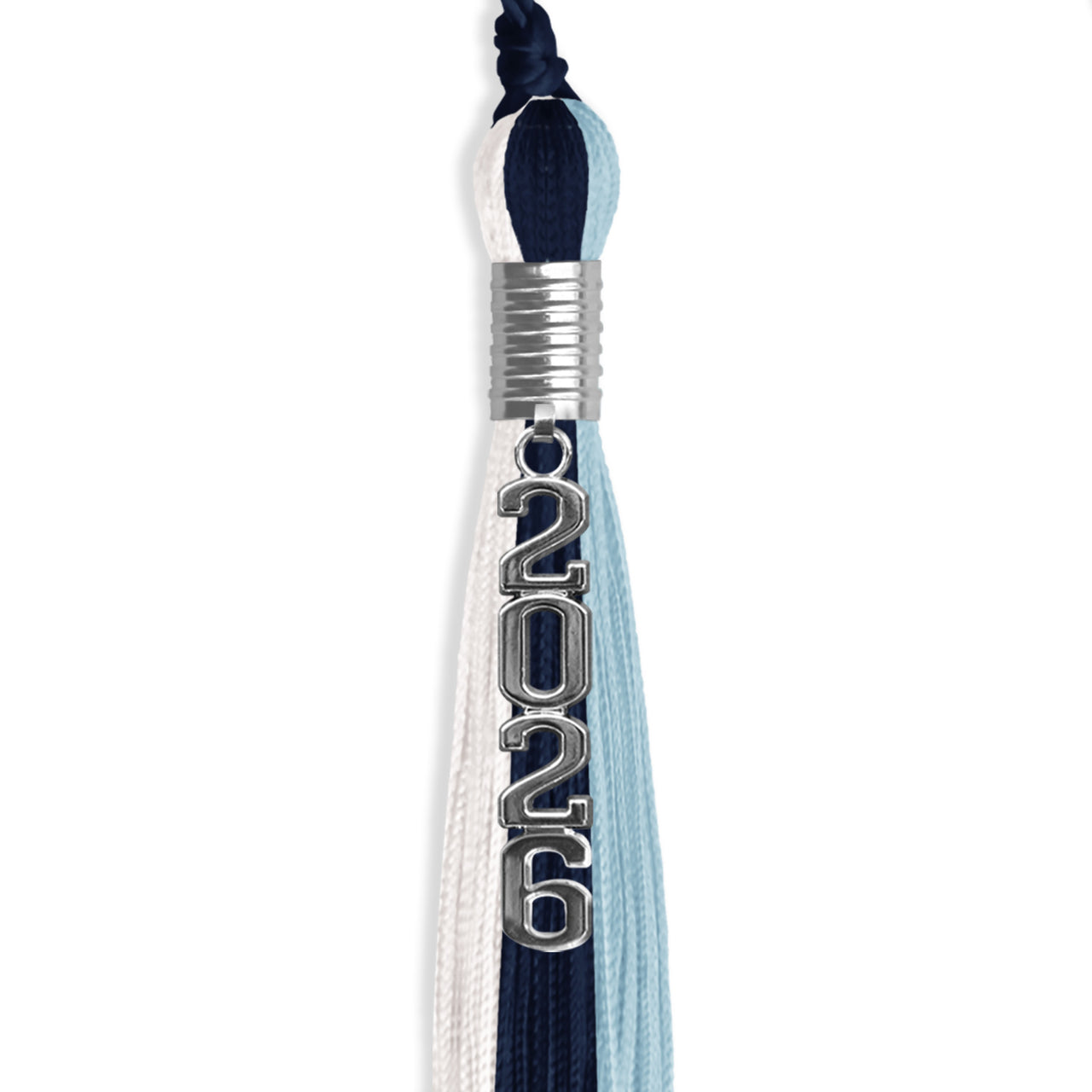 Navy Blue/Light Blue/White Graduation Tassel with Silver Stacked Date Drop