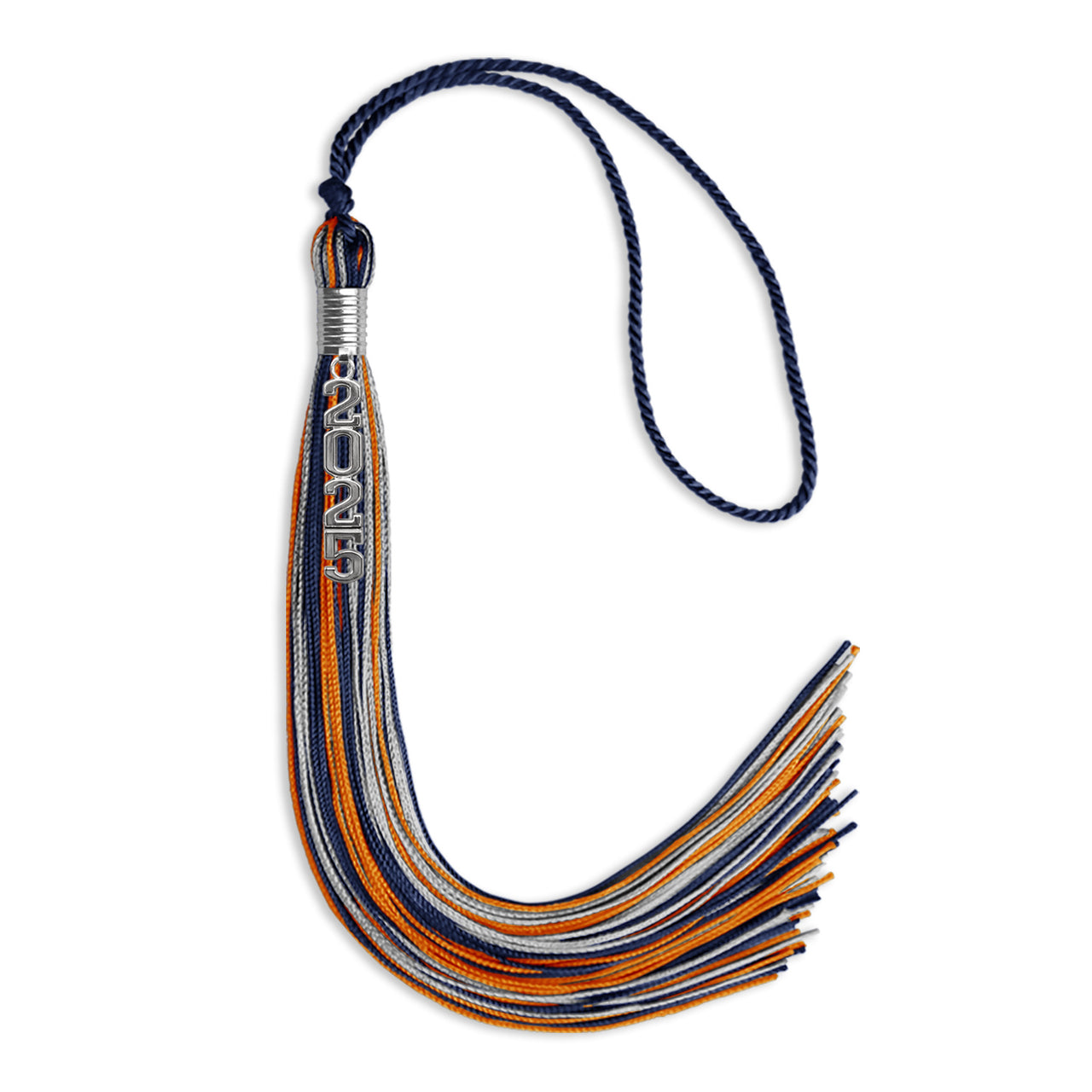 Navy Blue/Orange/Silver Mixed Color Graduation Tassel with Silver Stacked Date Drop