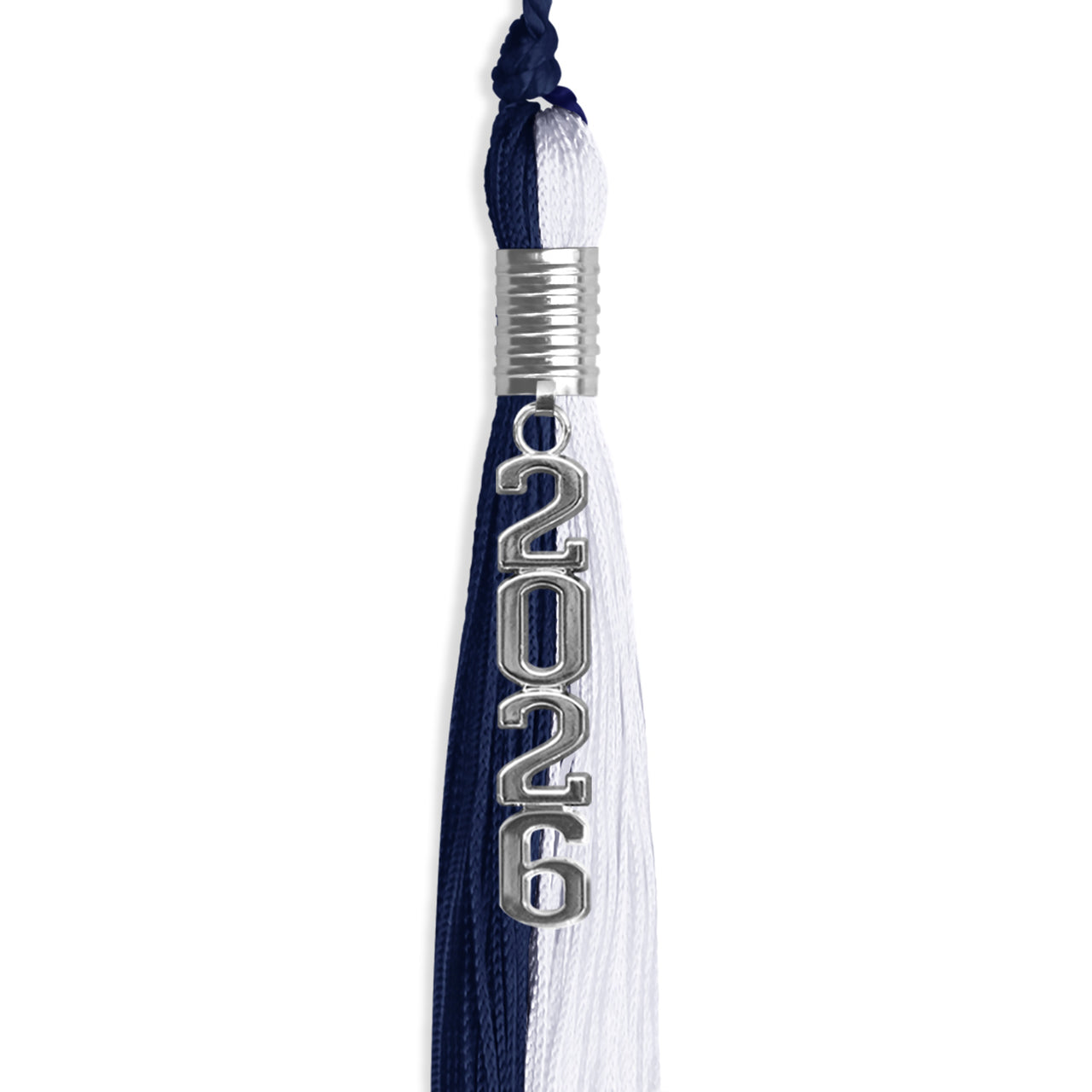 Navy Blue/White Graduation Tassel with Silver Stacked Date Drop