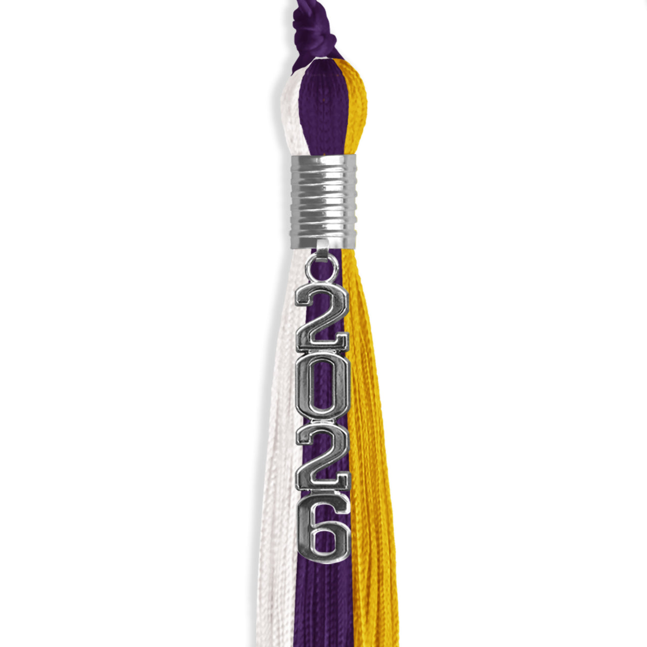 Purple/Gold/White Graduation Tassel with Silver Stacked Date Drop