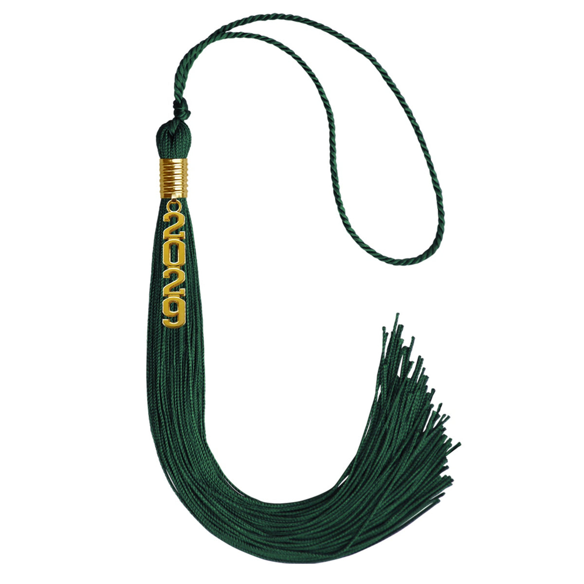 Hunter Green Graduation Tassel with Gold Stacked Date Drop by Wholesale Grad Supply