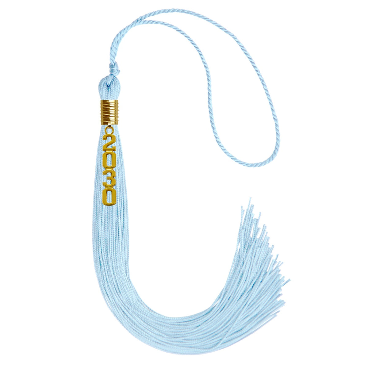 Light Blue Graduation Tassel with Gold Stacked Date Drop by Wholesale Grad Supply
