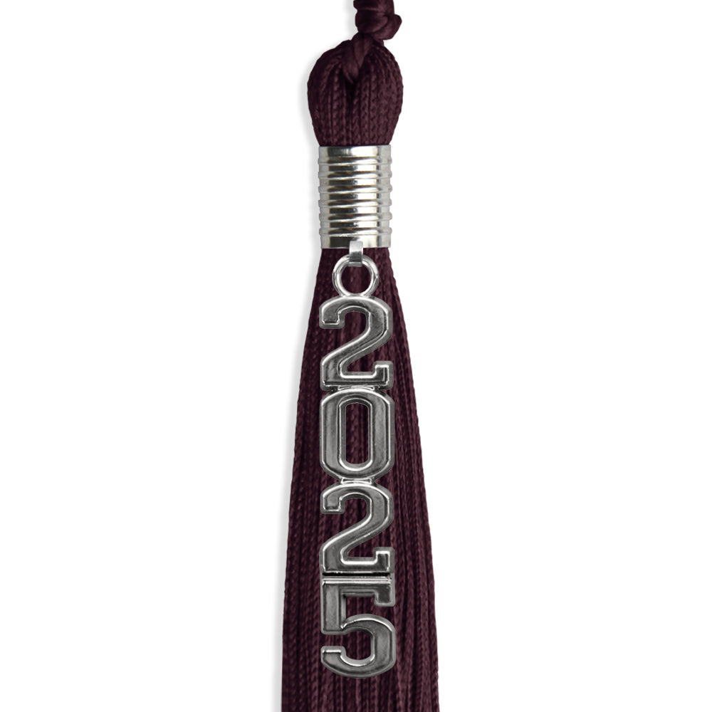 Maroon Graduation Tassel with Silver Stacked Date Drop