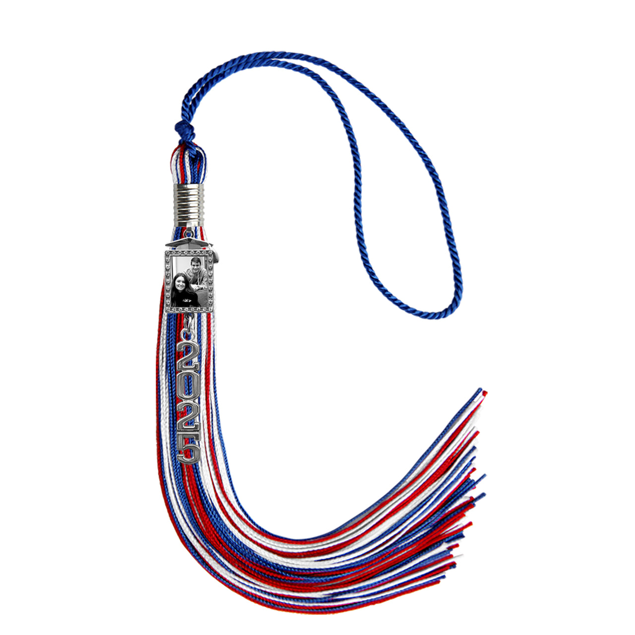 Royal Blue/Red/White Tassel with Photo Frame Charm and Stacked Date Drop
