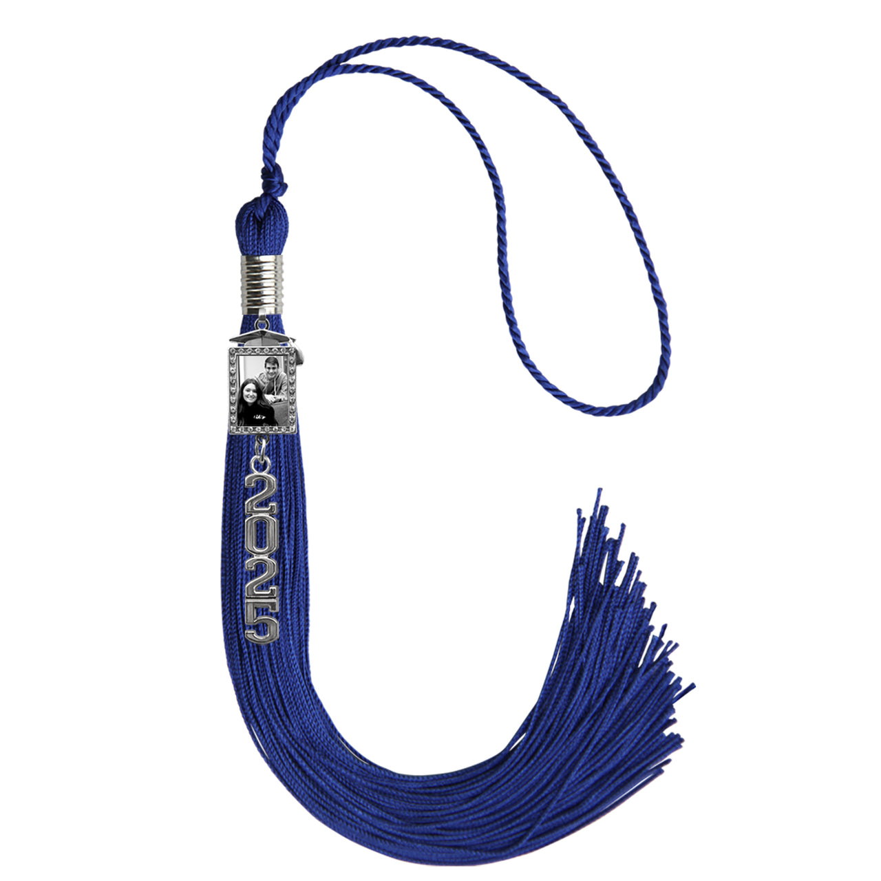 Royal Blue Tassel with Photo Frame Charm and Stacked Date Drop
